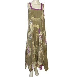 LYNG sleeveless square neck maxi‎ beige purple abstract print oversize Dress S